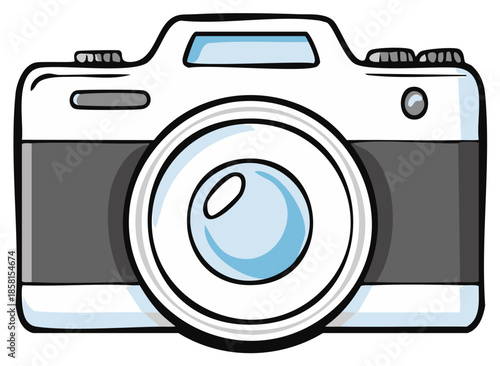 Hand drawn illustration of a modern digital camera with a prominent lens and flash element