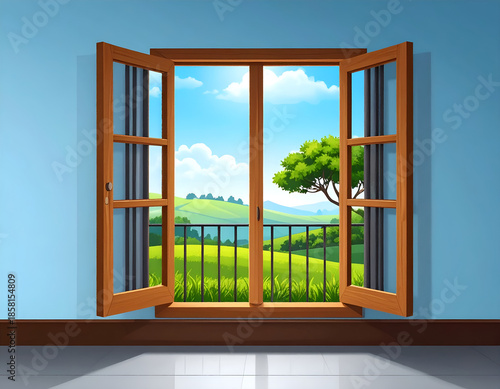 Minimalist interior room with blue wall and an open wooden window overlooking a green landscape. Generative AI