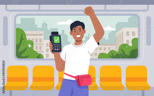 A joyful illustration features a young boy proudly displaying his mobile transit ticket in an upbeat subway environment, symbolizing modern convenience and excitement of travel.