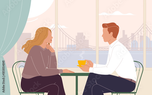 A charming scene of a couple sharing joyful moments over coffee in a cozy café, with a city skyline in the background, showcasing intimacy and connection in everyday life.