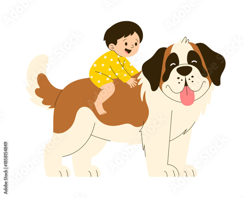 A joyful baby rides on the back of a friendly Saint Bernard dog, embodying happiness and the joy of companionship between pets and children in a whimsical illustration.