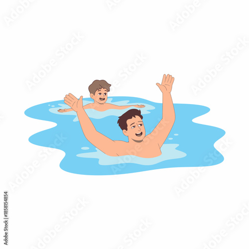 Capture the joy of summer with this vibrant illustration of two children happily swimming in clear blue water, embodying playful fun and carefree days at the pool or beach.