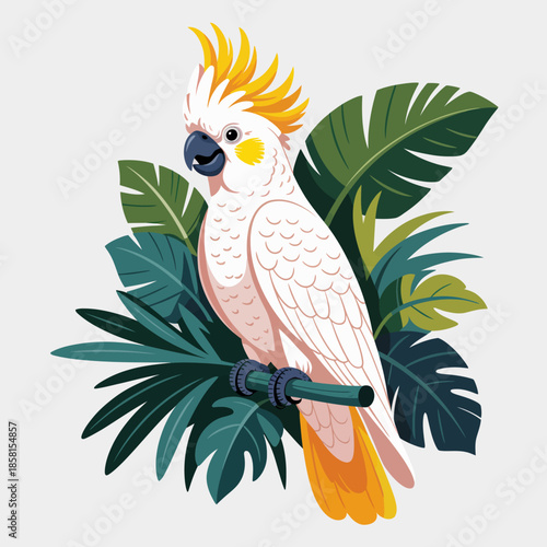 This vibrant illustration features a cockatoo perched amidst lush green tropical leaves, showcasing the beauty of wildlife in a colorful and artistic format.
