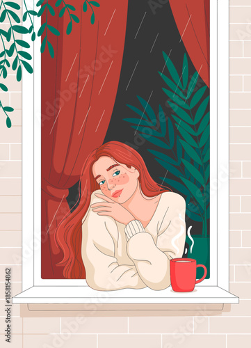 This illustration depicts a thoughtful woman gazing out a rainy window with a warm drink, evoking feelings of comfort, nostalgia, and introspection during a cozy moment.