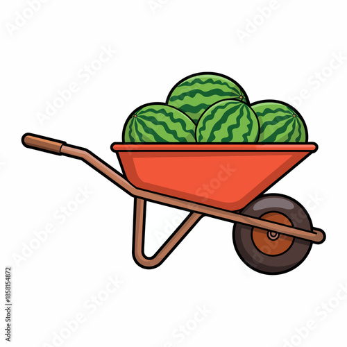 This illustration shows a vibrant wheelbarrow filled with fresh, ripe watermelons, symbolizing agricultural abundance and the essence of summer harvest.