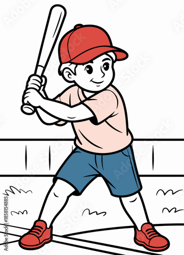 A cheerful illustration of a young boy holding a baseball bat, dressed in sporty attire, ready to swing, capturing the spirit of youth and sportsmanship in a playful setting.