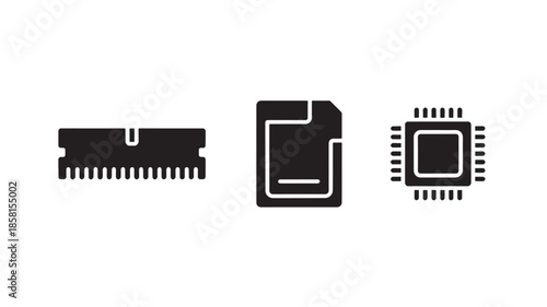 Computer chip and storage icons for tech and software design, flat vector