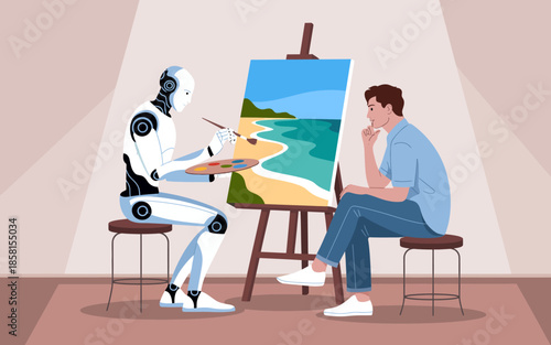 A futuristic robot artist is depicted painting a vibrant seascape, blending technology and creativity in a unique artistic expression that captivates the viewer's attention.