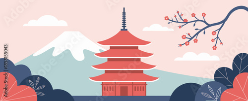 A picturesque pagoda stands majestically against a backdrop of stunning mountains, symbolizing cultural heritage and beauty, enhancing the tranquility of the serene landscape.