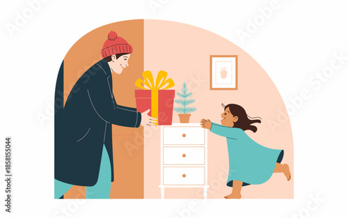 A heartwarming scene of a child rushing to receive a present from her father, depicting happiness, family bonds, and the magic of surprise.