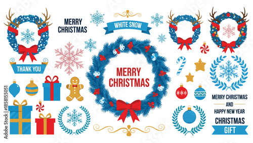 Christmas wreath, red bow, snowflakes, gift boxes, candy cane, gingerbread, ornaments, antlers, festive banner, holiday greeting - flat vector illustration