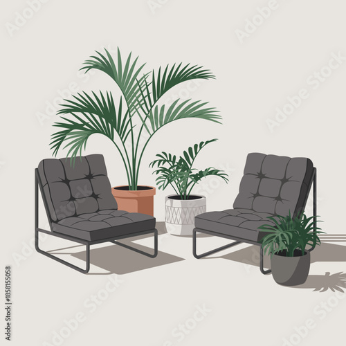 A modern seating area featuring comfortable chairs and lush indoor plants, creating a tranquil and refreshing space for relaxation and social gatherings.