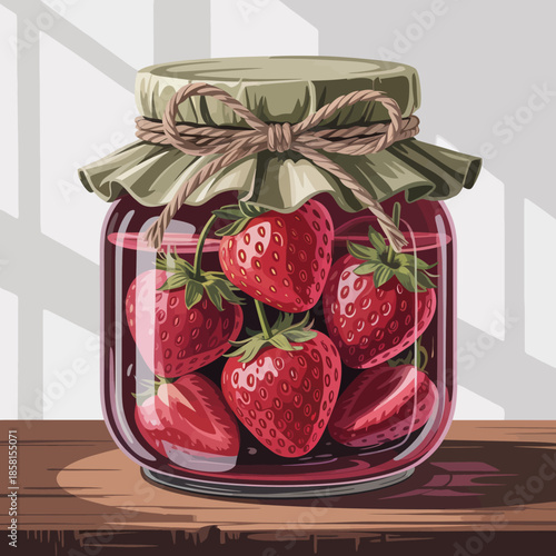 A beautiful jar filled with fresh strawberries, topped with a decorative cloth and twine, showcasing the vibrant colors and freshness of summer fruits in a charming way.