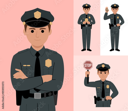 A professional illustration showcases a confident police officer in various poses, embodying authority and community service with a focus on safety and protection.