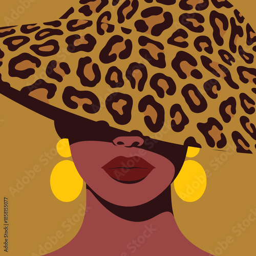 This striking illustration depicts a fashionable woman adorned with a large leopard print hat and bold earrings, symbolizing confidence and unique style in modern fashion.