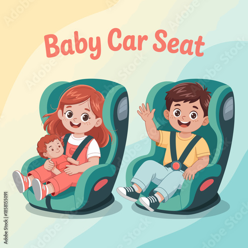 Two cheerful children sit in baby car seats, ready for a safe ride, highlighting the importance of child safety in vehicles and the comfort of travel for young ones.