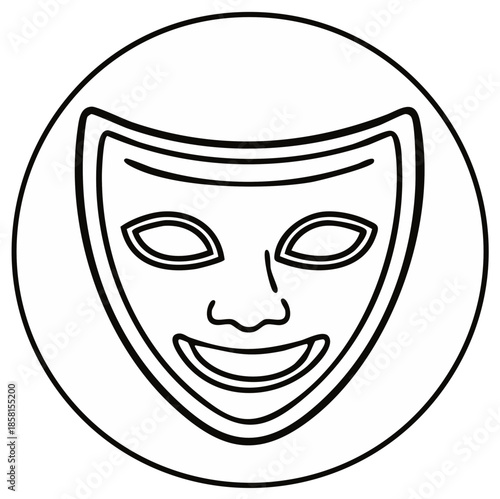 Stylized Theatre Mask Icon for Drama and Performance Arts in a Circle, Emblem for Creativity and Artistic Expression, Black and White Vector