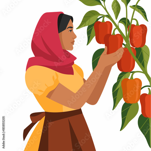 A woman gently harvesting ripe red peppers in a flourishing garden, showcasing the connection between cultivation and nurturing through gastronomic practices and agriculture.