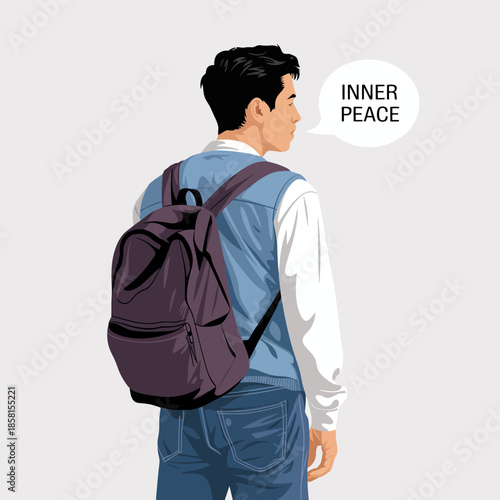 A thoughtful person with a backpack stands peacefully, highlighting a moment of reflection and calmness, encapsulating the essence of seeking inner peace in life.