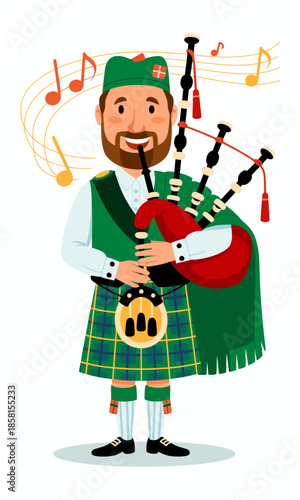 A cheerful bagpiper dressed in traditional Scottish attire, playing joyful tunes that celebrate culture, music, and the vibrant spirit of Scottish heritage.