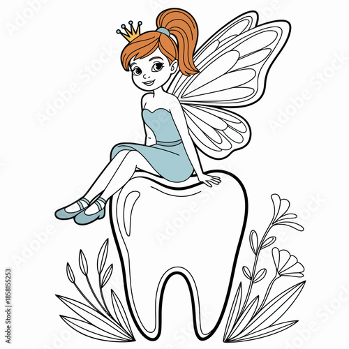 A whimsical tooth fairy character is perched on a giant tooth, ready to inspire creativity and fun for children through a playful coloring page design.