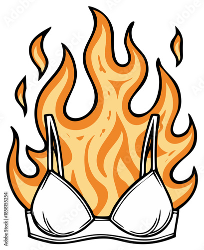 Cartoon illustration of a white bra engulfed in flames