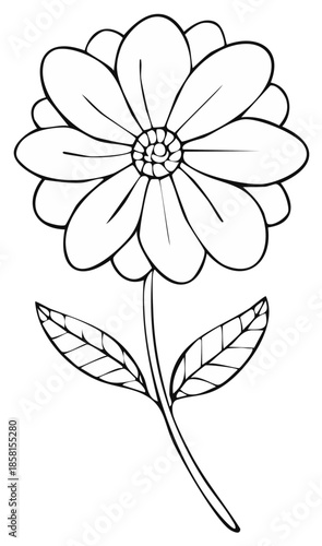 Black and white line art drawing of a blossoming flower with petals, stem and leaves on a white background.