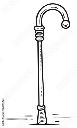 Illustration of a Curved Handle Walking Cane, Assistance Aid, Mobility Support, Simple Line Art Style, Isolated on White