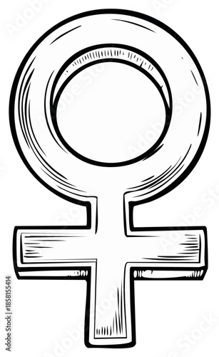 Hand-drawn sketch of the female gender symbol in black and white with a textured, vintage feel.
