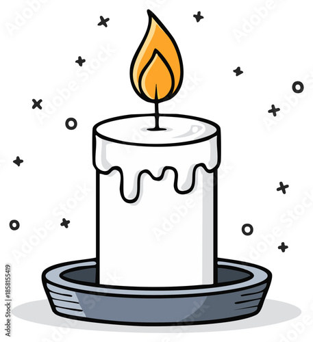 Bright cartoon candle burning with vibrant flame and wax dripping against dotted background emitting festive mood for celebrations