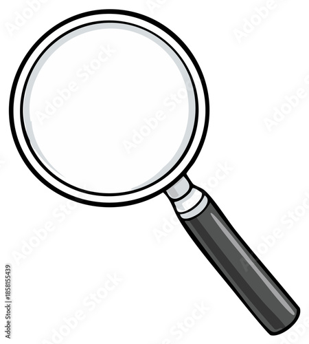 Magnifying glass clip art icon, single object with black handle, research and investigation tool with lens for close-up examination