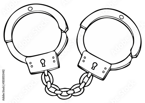 Black and white drawing of handcuffs shows crime and police work for arrests in simple line art style