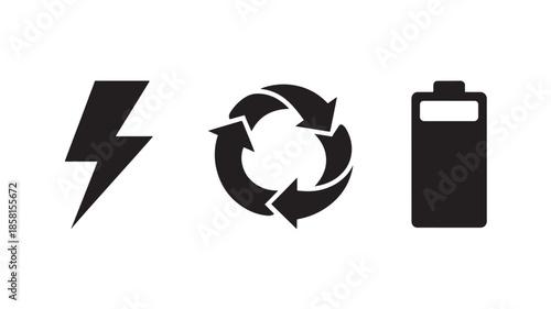 Eco friendly battery icons with recycling symbol and lightning bolt, minimalist vector set