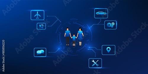 Family Protection Technology Concept in Digital Circle Network, Insurance Service, Smart Protection System, Healthcare Coverage, Financial Security, Modern Service Connection Background