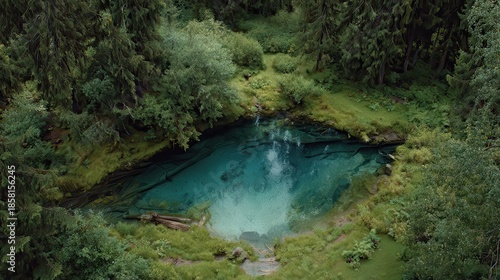 Overhead View of Emerald Spring Surrounded by Lush Green Forest in Daylight
