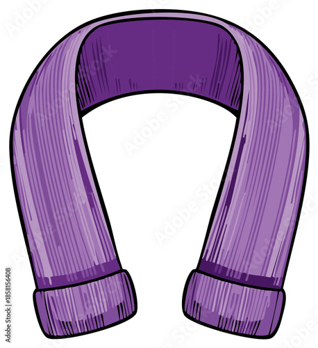 Knitted violet scarf forming a loop with textured wool and a warm winter design for cold weather apparel.