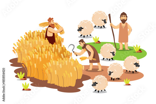 Age of agricultural Revolution . People are harvesting wheat and tending sheep . Cartoon character illustration . Isolated white background . Vector .