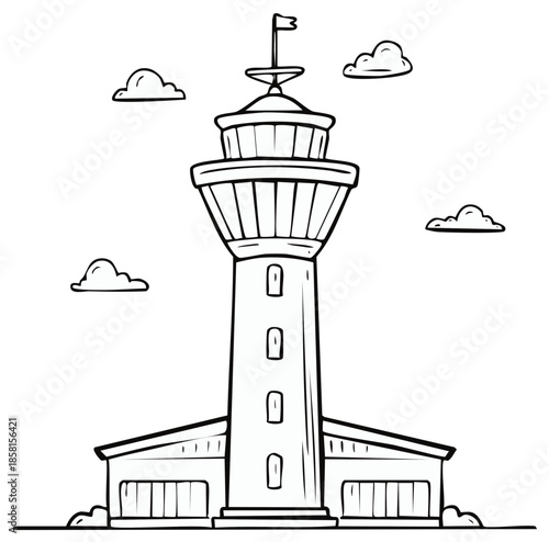 Outlined lighthouse tower surrounded by clouds for design projects and illustration purposes under the sky