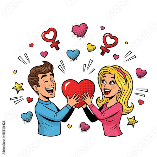 A smiling man and woman hold a large red heart surrounded by colorful hearts and symbols.
