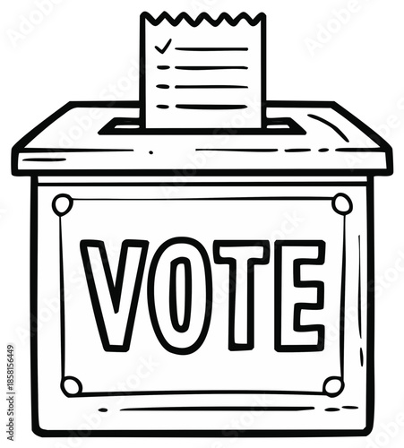 Stylized vote box graphic with ballot insert and marked choices offers a clean illustration of civic participation and election themes.