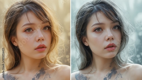 Portrait of a Young Woman with Natural Beauty and Tattoo in a Serene Nature Setting with Soft Light