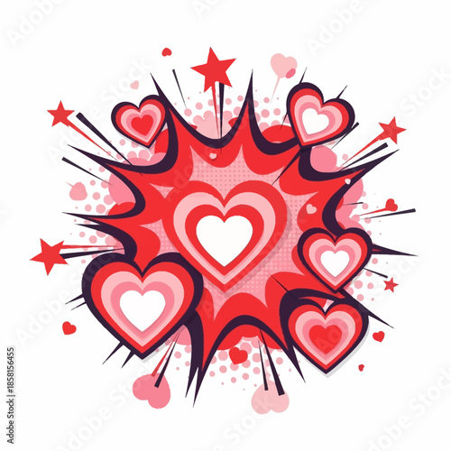 Vibrant red hearts radiate outward in a burst of colorful comic style illustrations and graphics with love symbols.