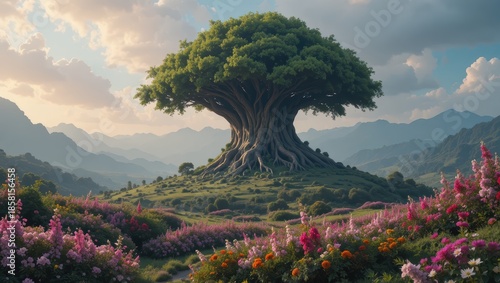 Majestic Tree Surrounded by Vibrant Flowers in a Serene Meadow with Mountains in the Background