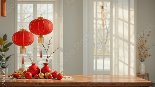Elegant Red Lanterns and Festive Floral Arrangement on Table in Bright Modern Interior