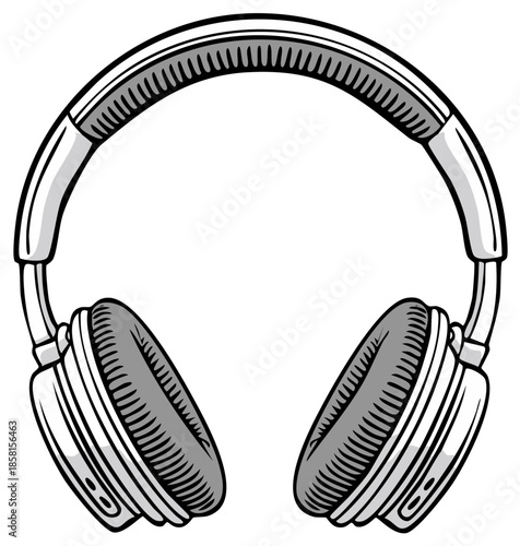 Isolated illustration of detailed stereo headphones with cushioned earcups for listening to music