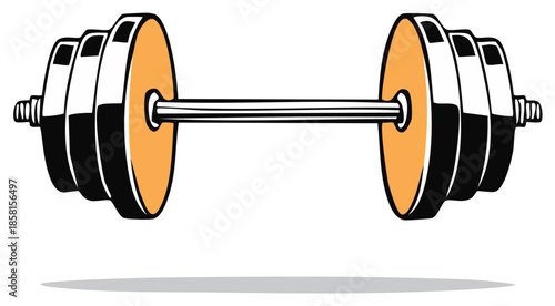 Shiny chrome dumbbell with orange weight plates for gym workout illustration