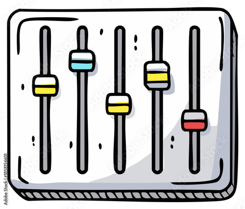 Cartoon drawing of a sound mixing board with sliders for audio control