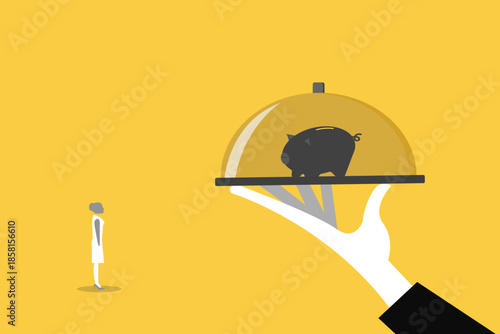 Business woman professional hand serving precious piggybank. concept of Offer investment and savings service, best wealth management or business loan, mutual funds and financial solution