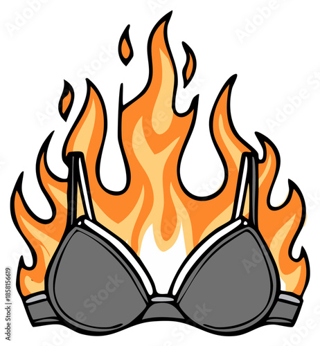 Gray bra on fire with bright orange flames licking upwards
