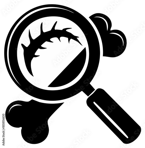 Magnifying glass inspecting a thorny branch and bones representing investigation and discovery